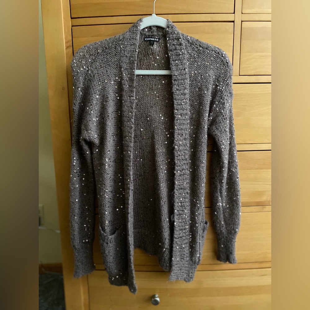 Express Sequin Brown Open Cardigan Small